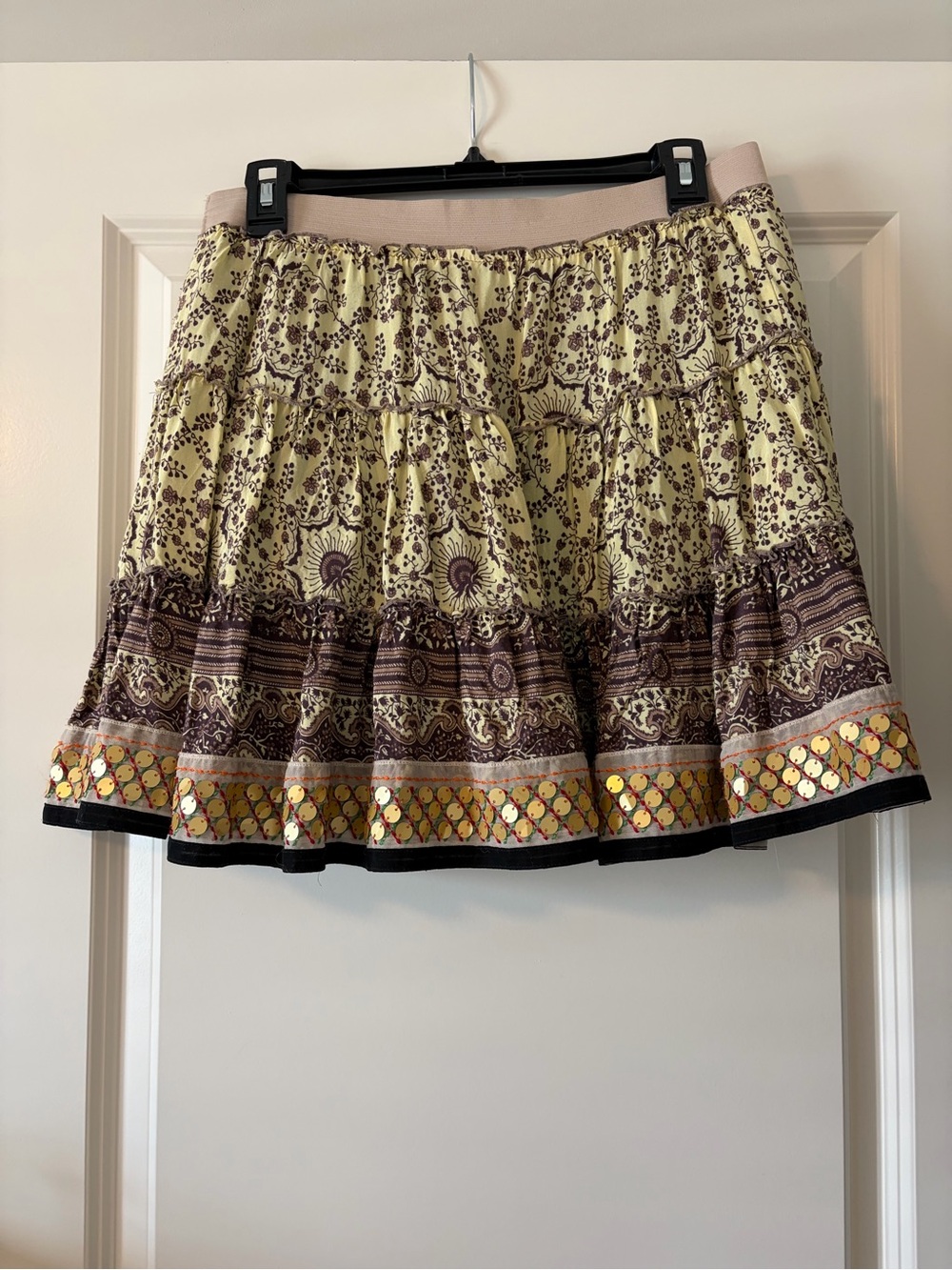 Free People Yellow and Brown Boho Tiered Mini Skirt with Sequin Trim